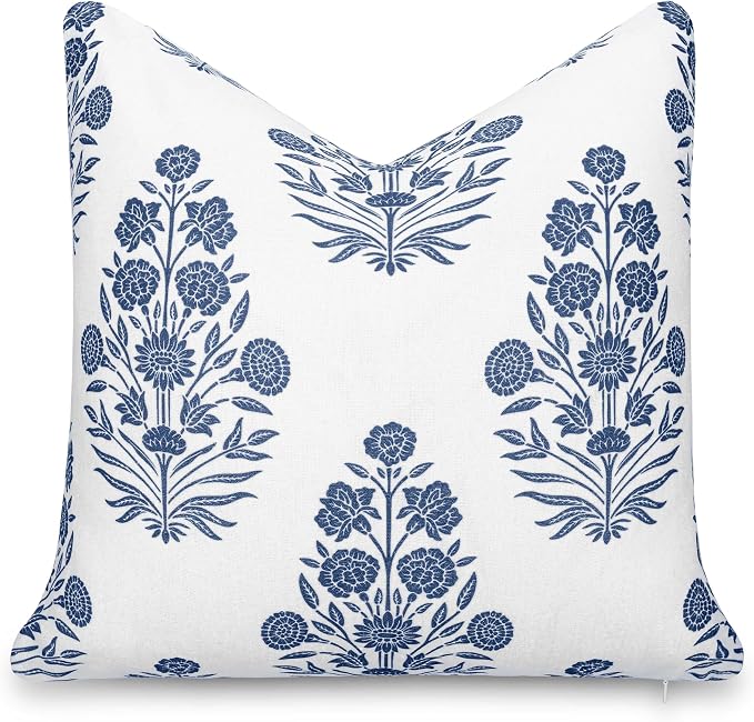 California Casual Coastal Indoor Outdoor Throw Pillow Cover, 20"x20" Water Repellent for Patio, Backyard, Couch, Poolside, Azure Blue Print Floral