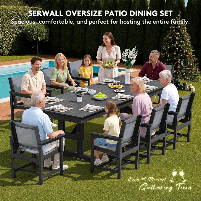 SERWALL 10 Piece Outdoor Dining Set with 15ft Triple-Head Foldable Umbrella(Based not Included), 84" HDPE Outdoor Large Table and Textilene Sling Chairs for 8, Black