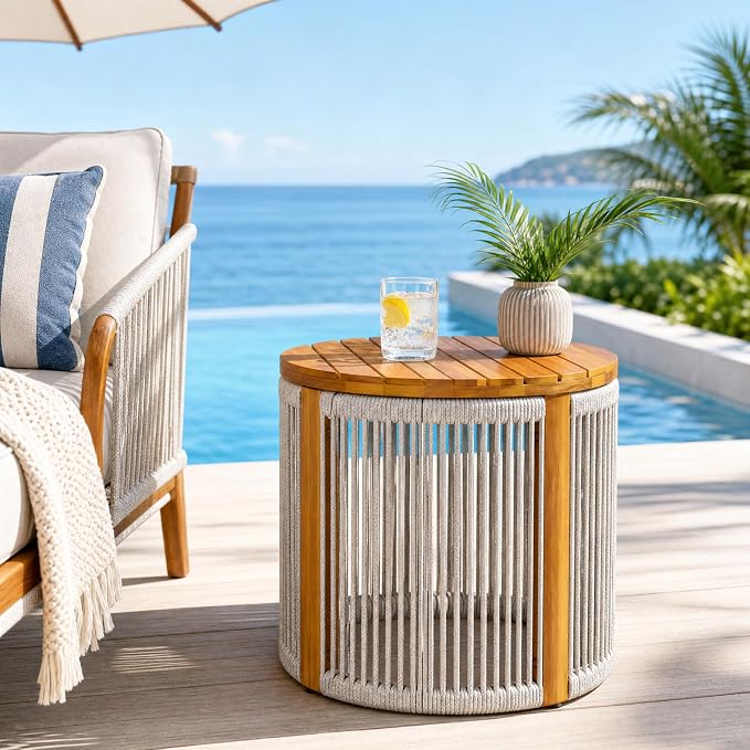 Christopher Knight Home Kimmy Outdoor Side Table with Rope Accent, Acacia Wood Coffee Table, Patio Round Side Table, Weather Resistant Accent Table for Outdoor Patio Furniture Set, Light Grey + Teak