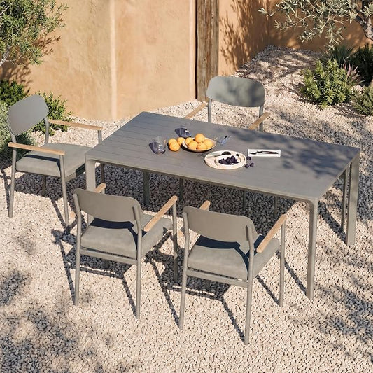 Modern Shade Lusso Outdoor Dining Chairs Set of 4, Fade Resistant, All-Aluminum Outdoor Chairs with FSC Teak Wood Armrests, Weather-Resistant Patio Chair with Quick Dry Cushion, Gray