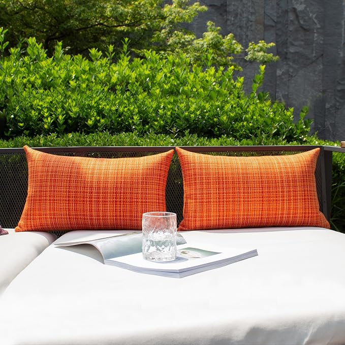 Kevin Textile Outdoor Waterproof 12"x24" Lumbar Pillow Covers 2 Pack Orange | Water Resistant, Faux Linen Yarn-dyed, Woven Texture Throw Pillow Covers for Tent Patio Garden Couch Sofa