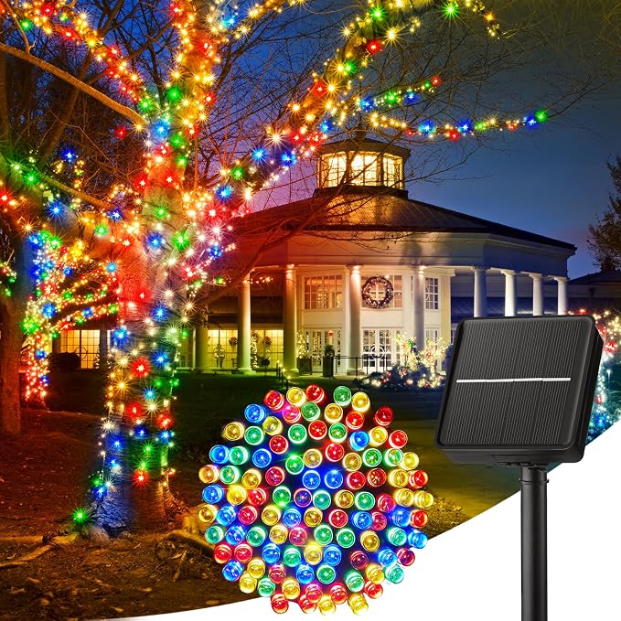 Minetom Solar String Lights Outdoor, 40FT 100 LED Christmas String Lights | Solar Christmas Lights Outdoor with 8 Lighting Modes, Waterproof Color Solar String Lights for Outside Tree Yard, Multicolor