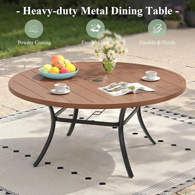 Round Patio Dining Set for 8, 53" Round Metal Table with Umbrella Hole and Stackable Wicker Patio Chairs, Outdoor Furniture Set for Deck Backyard Garden, Walnut Chairs, Walnut Table
