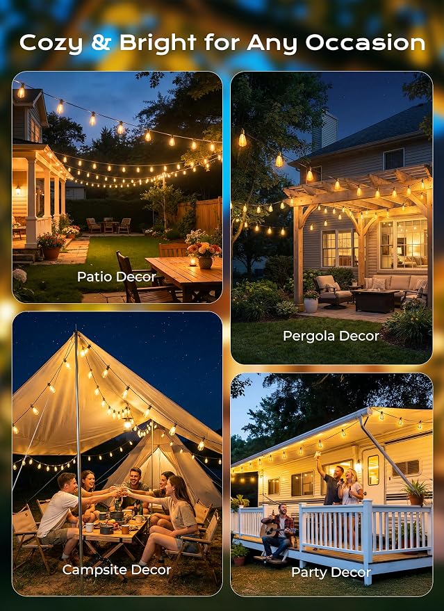 Brightown 108FT Solar String Lights Outdoor Waterproof, 26Hrs Runtime | 50+2 LED Bulbs, USB & Solar Powered, Remote Control & Dimmable Timer, Ideal for Backyard, Garden, Camping & Party Decor