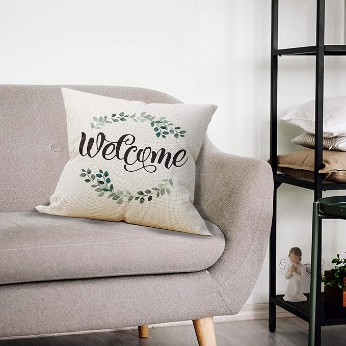 Mancheng-zi Welcome Pillow Covers 18x18 - Porch Decor, Outdoor Pillows for Patio Furniture (White)