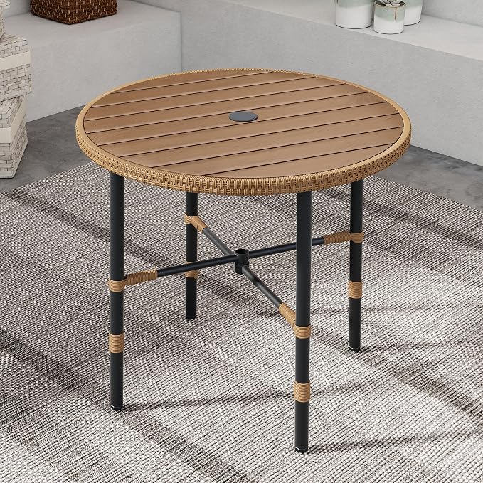 DWVO Outdoor Patio Dining Table Round for 4 35.4" Outdoor Tables with Umbrella Hole & Adjustable Levelers All-Weather Bistro Table with Metal Frame for Lawn Garden Backyard