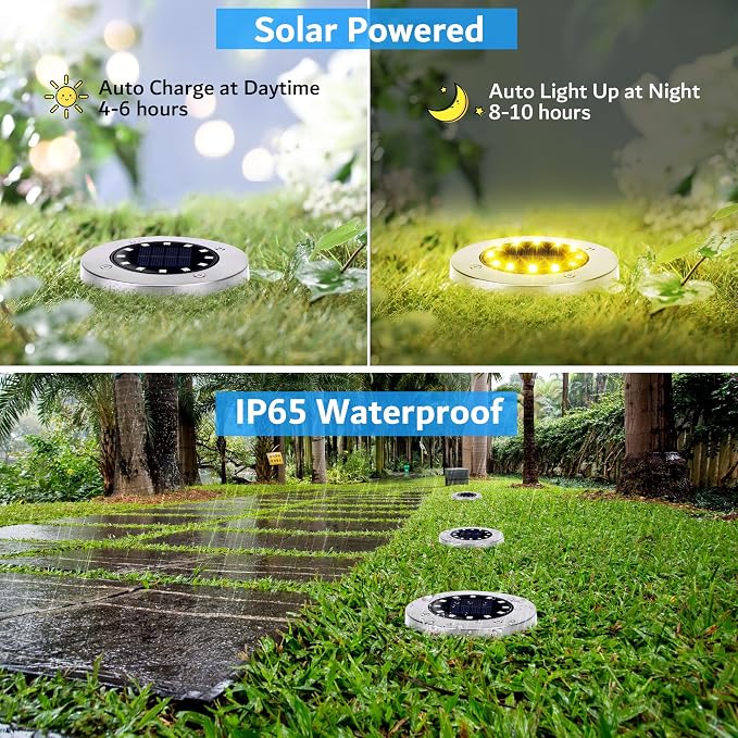 Biling Solar Ground Lights Outdoor Bright Waterproof 12 Pack Warm White | Flat 12 LEDs Solar Lights Outdoor Longevity, Easy To Assemble and Use, for Yard Walkway Garden Driveway
