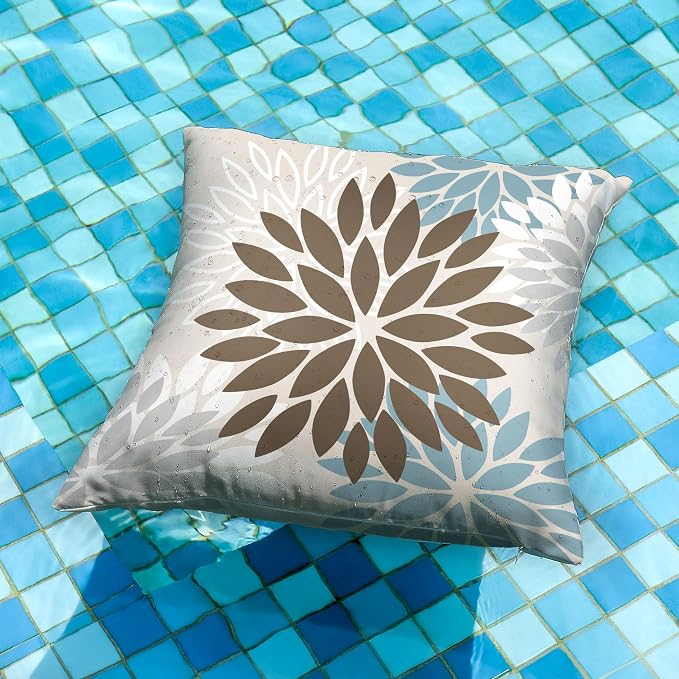 DFXSZ Outdoor Waterproof Pillow Covers 16x16 Set of 2 Brown Blue Flower | Spring Summer Waterproof Flower Throw Pillowcases（No Inserts）Outdoor Decor for Patio Funiture Garden Polyester Covers