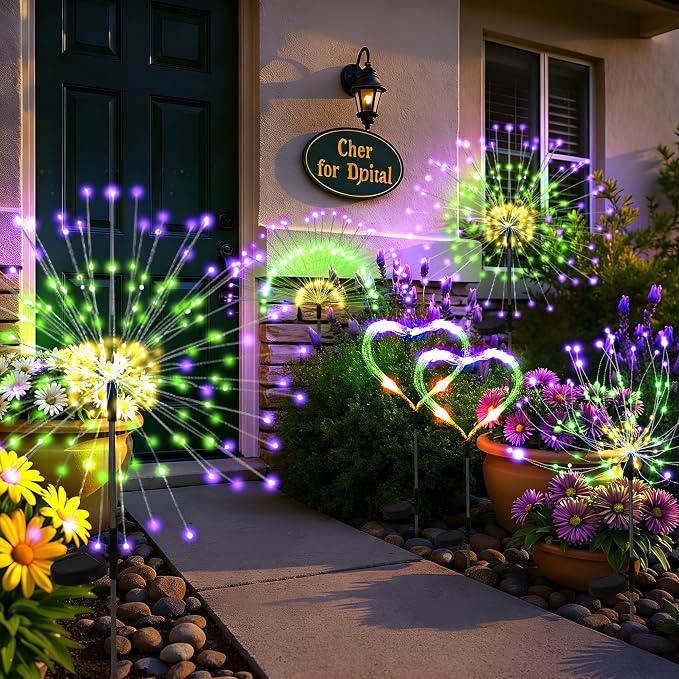PEVOROS Solar Firework Garden Lights Outdoor, Purple/Yellow/Green, 6 Pack | 120 LEDs, Waterproof, Fairy Garden Decor, Auto On/Off, Solar Powered, for Yard, Patio, Porch, Flower Pot, Pathway
