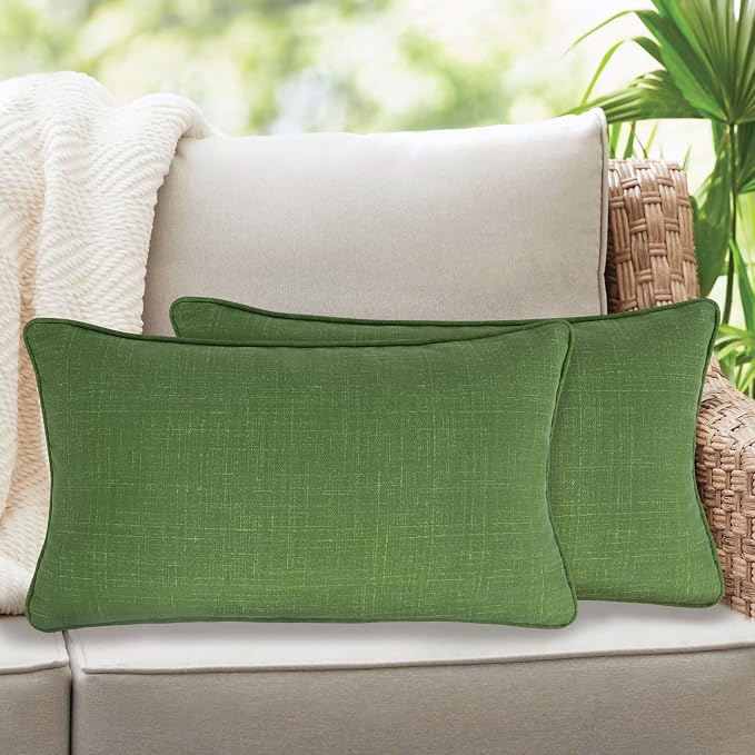 Lumbar Pillow Covers Set of 2, Outdoor Indoor Waterproof Patio Lumbar Pillowcase Shell 12x20 Inch, Rectangular Cushion Case for Couch Sofa Garden Farmhouse-Tropical Linen Green