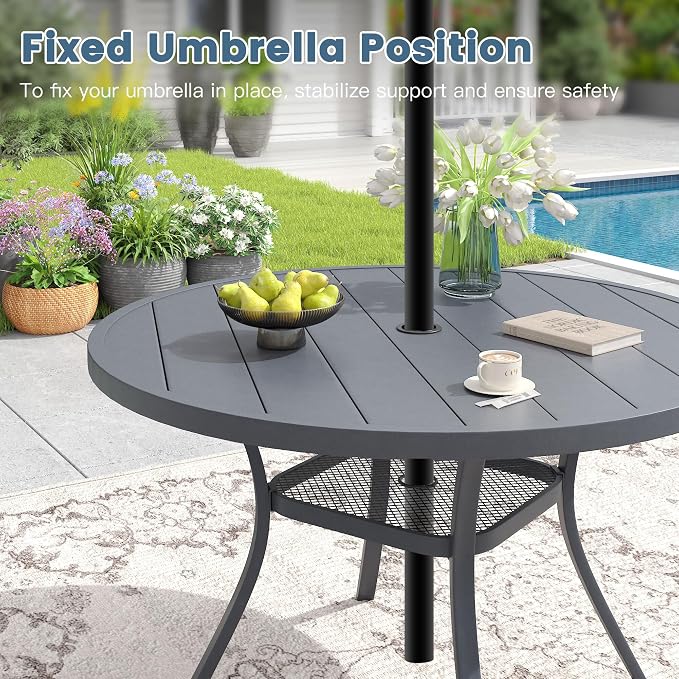 DIFY 7 Piece Outdoor Dining Set, 48" Round Metal Patio Table and Textilene Stackable Chairs for 6, All Weather Patio Furniture Set with Umbrella Hole for Backyard Garden Deck, Grey