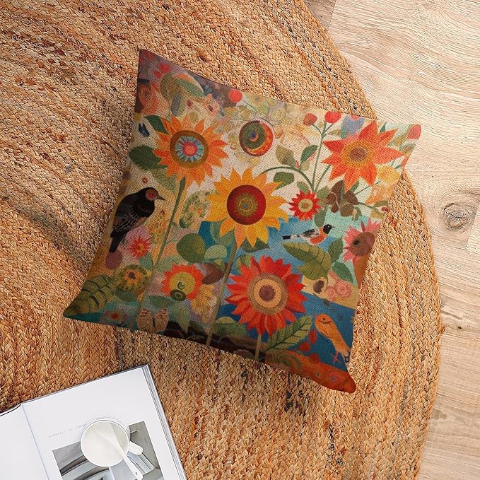 Cushion Covers Colorful Painting of Sunflowers Bird Square Pillow Cover Retro Yellow Flower Pillow Cases Standard Size 16"x16" for Couch Sofa Bed Decorative Cutton Linen Cushion Cases
