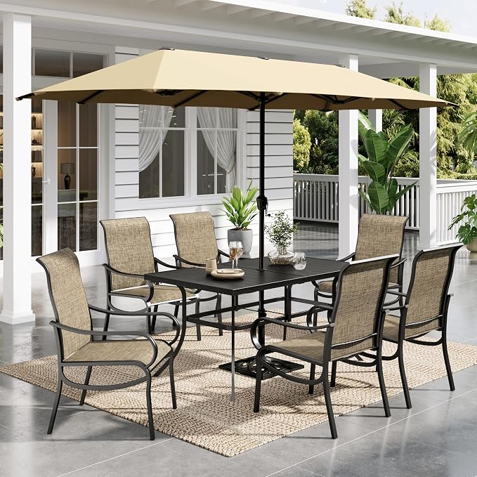 Sophia & William Patio Set with Umbrella, Outdoor Dining Set for 6 Persons, Outdoor Table with 13ft Beige Patio Umbrella & 6 x Fixed Chairs for Lawn Garden Backyard Pool (No Umbrella Base)
