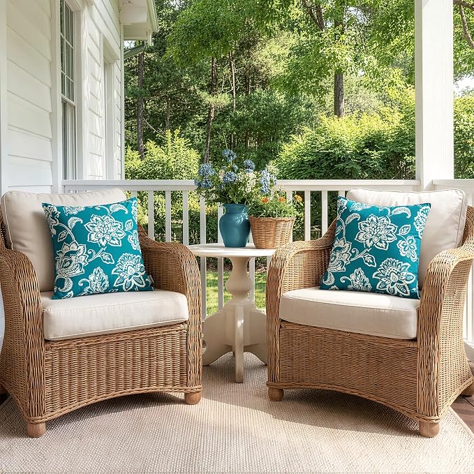 Decorative Outdoor Floral Pillow Covers Set of 2 18x18 Teal Blue | Waterproof Boho Farmhouse,Decorative Throw Pillow Covers,Summer Coastal Accent Pillowcases,Patio Furniture Garden Sofa