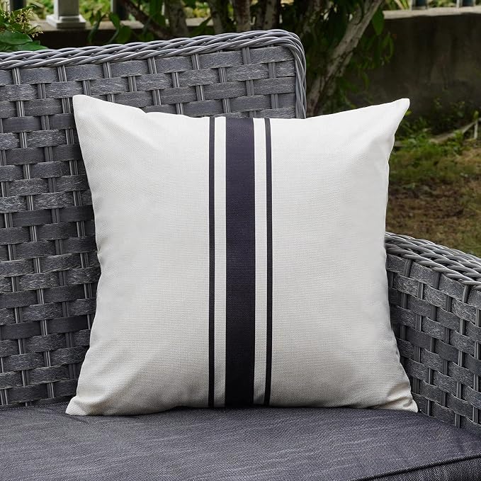 ONWAY Outdoor Pillow Covers Waterproof 18x18 Set of 2 Decorative Linen Throw Pillow Cover Beige and Black Striped Outdoor Pillows for Patio Furniture