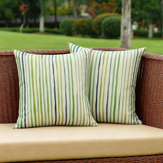 All Smiles Sage Green Outdoor Waterproof Throw Pillow Covers 18x18 Set of 2 | Spring Summer Decorative Cushion Cases Porch Decor for Patio Bench Garden Furnitures Couch Sofa,Sage Green Lines Stripes
