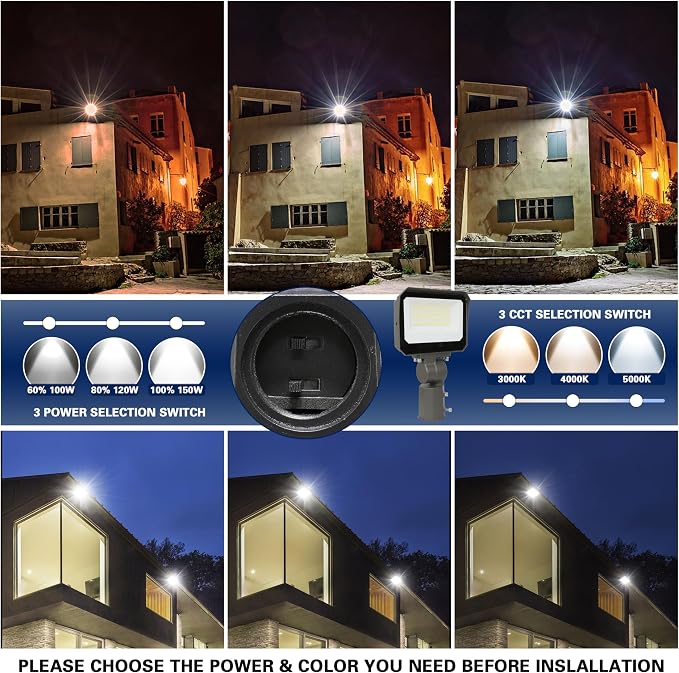 LED Flood Lights Outdoor 100/120/150W W and 3000/4000/5000K Adjustable 19500Lm,Dusk-to-Dawn Sensor o Dawn Flood Light for Yard, Garage, Garden,UL Listed,Includes Knuckle Mount