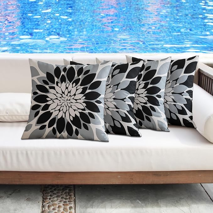 Pack of 4 Outdoor Waterproof Pillow Covers 18x18 Decorative Outdoor Throw Pillows Garden Square Cushion Cases for Patio Furniture, Couch, Tent Sunbrella, Bench, Black Grey