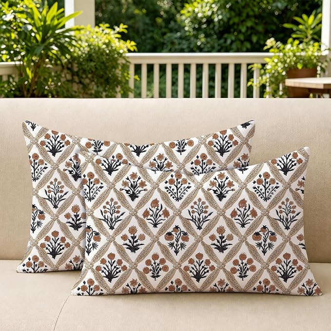 Allorry Floral Outdoor Pillow Covers 12x20 Brown Outdoor Waterproof Decor | Set of 2 Vintage Floral Block Print Pillow Cover,Farmhouse Boho Decorative for Spring Summer Outdoor Sofa Bedroom Decor