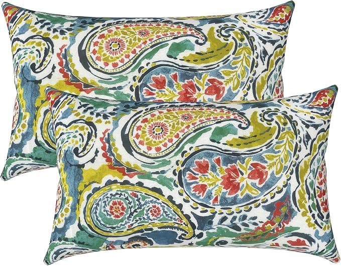 LVTXIII Set of 2 Patio Lumbar Pillow Covers ONLY, 12" x 20" Fade Resistant Outdoor Lumbar Pillow Cases, Fluffy Decorative Garden Lumbar Cushions Covers for Home Patio Coach Sofa Use, Paradise Paisley
