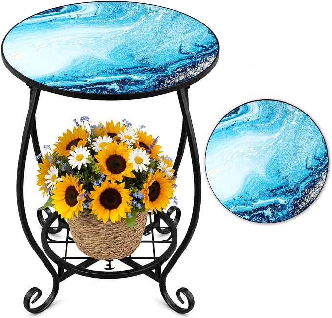 Outdoor Side Table - Double Layer Round Small Marble Pattern Patio Accent, 14 Inch Tea Coffee Metal Outside End Table for Porch Balcony Yard Patio Garden Indoor Bedroom Living Room Decor