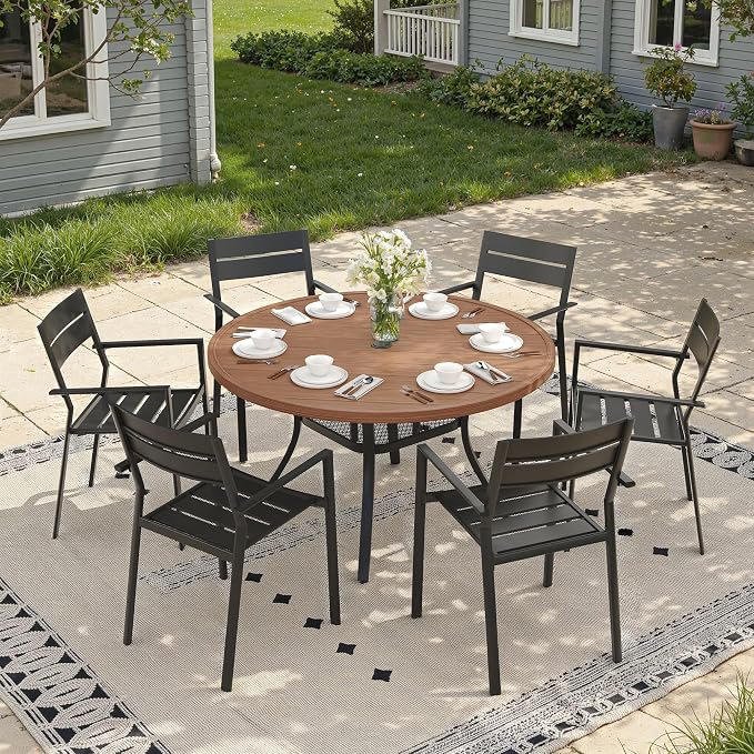 Patio Dining Set for 6, 47.2" Outdoor Dining Table and Chairs Set with Stackable Patio Chairs Outdoor Furniture for Garden Deck Backyard, Walnut Table and Black Chairs