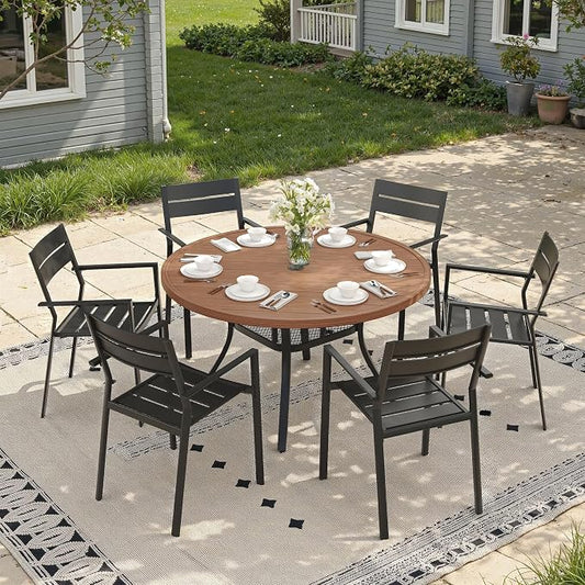 Patio Dining Set for 6, 47.2" Outdoor Dining Table and Chairs Set with Stackable Patio Chairs Outdoor Furniture for Garden Deck Backyard, Walnut Table and Black Chairs
