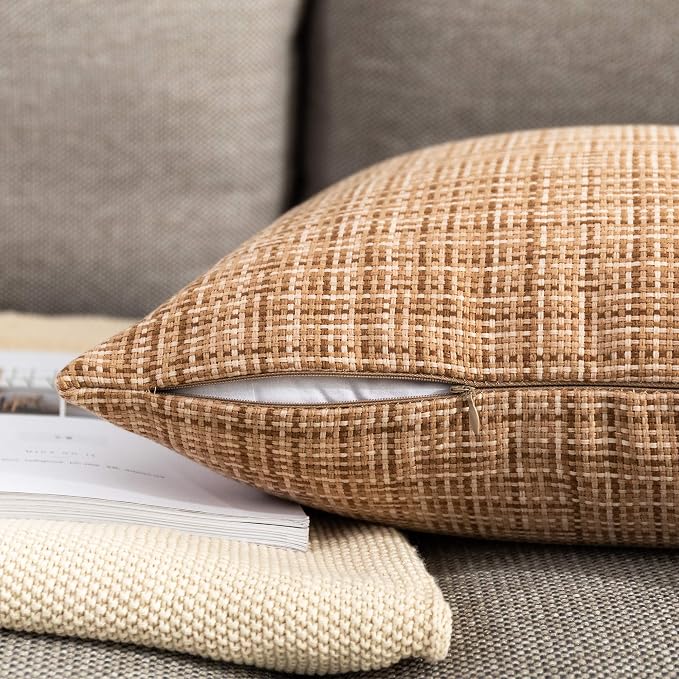 Kevin Textile Outdoor Waterproof 26x26 Inch Pillow Covers 2 Pack, Beige | Water Resistant, Faux Linen Yarn-dyed, Woven Texture Euro Throw Pillow Covers for Tent Patio Garden Couch Sofa