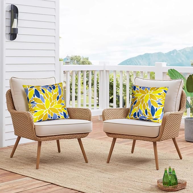 Outdoor Pillow Covers 18x18 Inch, Water-Resistant Decorative Pillow Covers Pack of 2, Floral Throw Pillow Case for Patio Furniture Tent Garden, Yellow Blue Dahlia, Cover ONLY