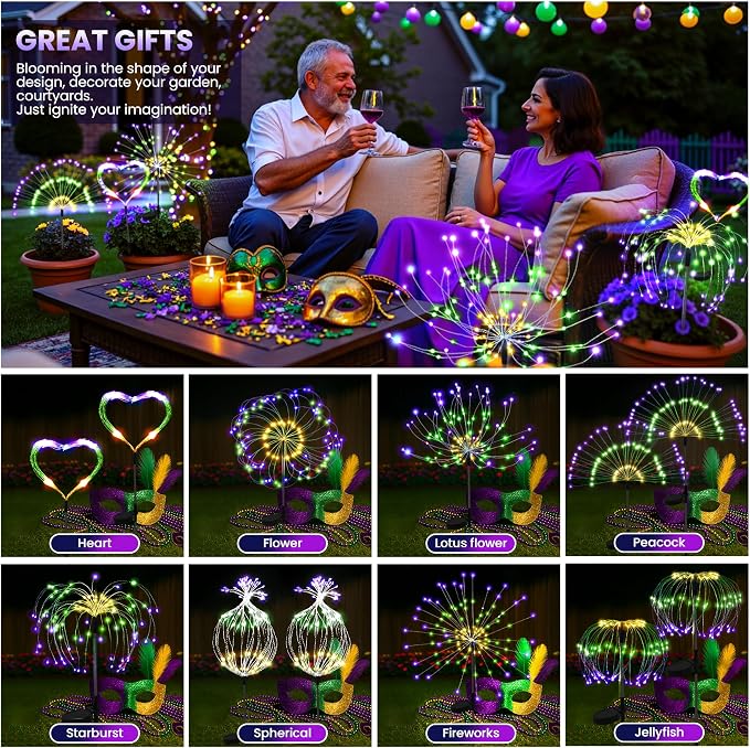 PEVOROS Solar Firework Garden Lights Outdoor, Purple/Yellow/Green, 6 Pack | 120 LEDs, Waterproof, Fairy Garden Decor, Auto On/Off, Solar Powered, for Yard, Patio, Porch, Flower Pot, Pathway
