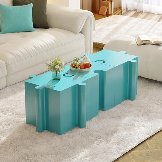 Christopher Knight Home Daton 3 Piece Interlocking Outdoor Side Table Set, Modular Lightweight Concrete Coffee Table, Convertible MGO End Table for Indoor&Outdoor, Creative Set Up, Sky Blue