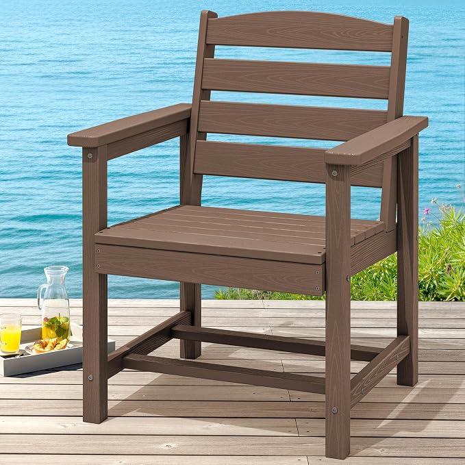 SERWALL Outdoor Dining Chairs Set of 2, All-Weather HDPE Patio Chair with 19.7" Widened Seat, for Backyard, Garden, Brown