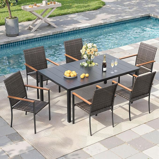 Patio Dining Set for 6, 63" Rectangular Metal Table with Umbrella Hole and Stackable Wicker Patio Chairs, Outdoor Furniture Set for Deck Backyard Garden, Walnut Chairs, Black Table