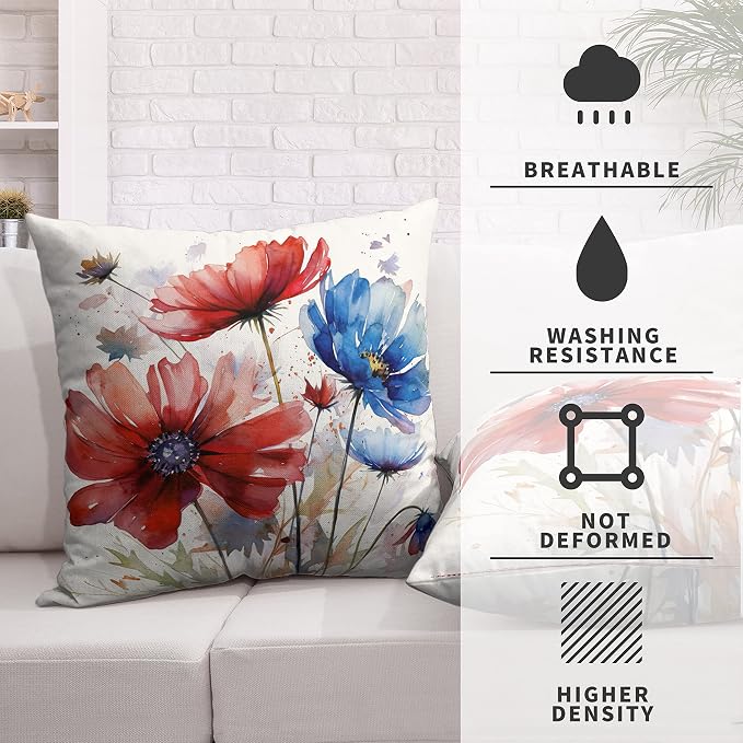 Summer Daisy Flower Throw Pillow Covers Watercolor Red Blue Floral Pillow Covers 20x20 for Living Room Home Decor Outdoor Modern Art Linen Cushion Covers