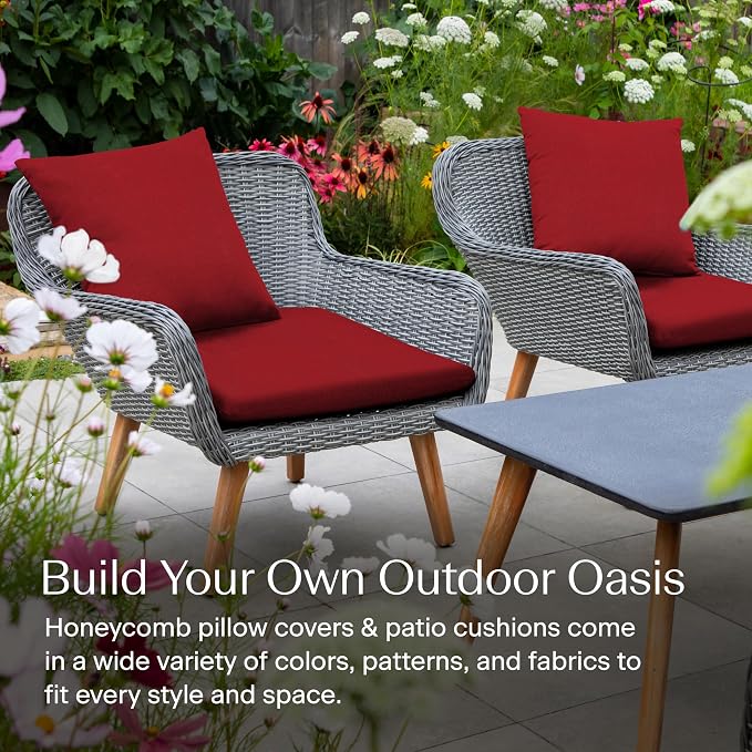 Honeycomb Outdoor Square Toss Pillow Covers, 18 x 18, 2-Pack | Textured Solid Imperial Red Slipcovers, Water & Fade Resistant for Patio Furniture Set, Cover Only, No Insert