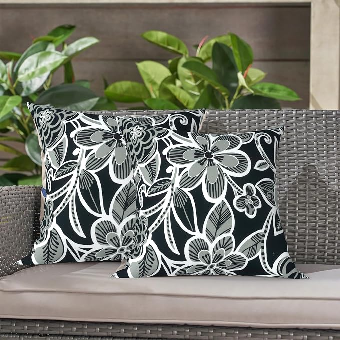 LVTXIII Outdoor Throw Pillows, Decorative Throw Pillows with Inserts, 16"x16" Square Pillows for Bed, Couch, Sofa and Patio Furniture, Set of 2, Flower Black