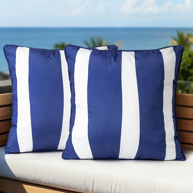 Outdoor Pillow Covers 18x18 Inch, Water-Resistant Decorative Pillow Covers Pack of 2, Throw Pillow Case for Patio Furniture Tent Garden, Navy Blue White Stripe with Blue Edge, Cover ONLY