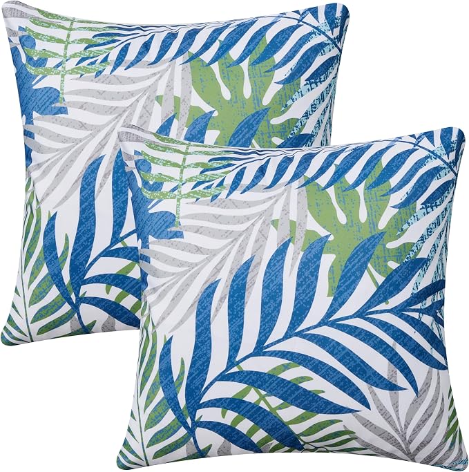 Outdoor Pillow Covers 18x18 Set of 2 Hawaii Tropics Palm Leaves Blue Green Gray Floral Pattern Decoration Pillow Covers for Spring Summer Outdoor Waterproof Garden Patio Sofa Bed Decor JB010-E18