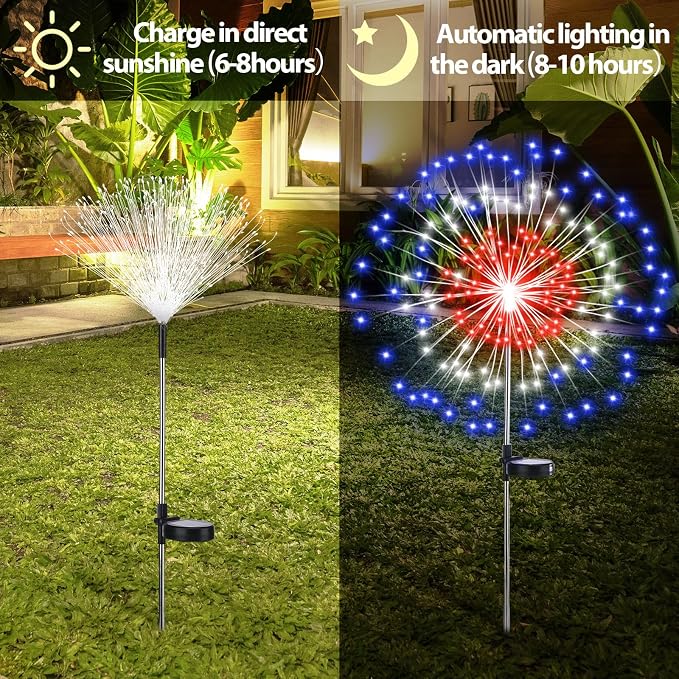 Tujoe 12 Pcs 4th of July Solar Firework Stake Lights 180 LED 8 Modes Solar Waterproof LED Sparkler Lights Outdoor Patriotic Decoration for Memorial Independence Day Garden Patio Yard (Red White Blue)