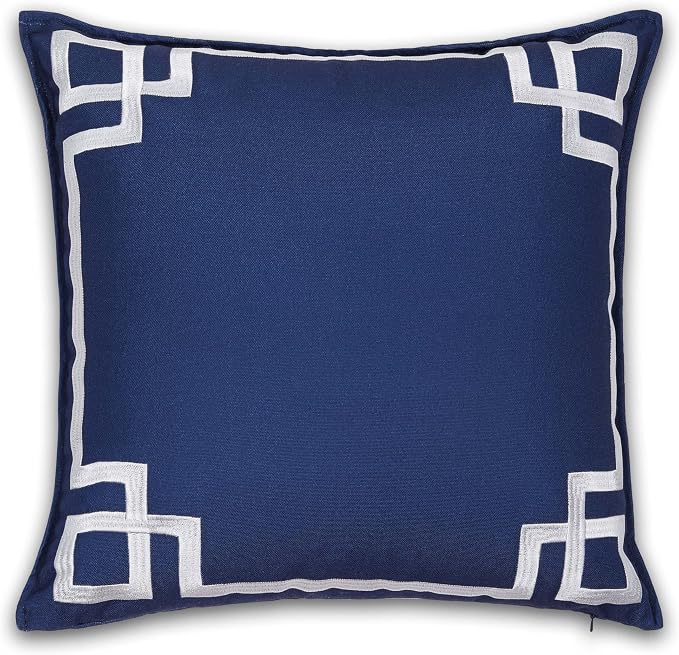 Hofdeco Premium Coastal Patio Indoor Outdoor Throw Pillow Cover Only, 20"x20" Water Repellent for Backyard, Couch, Navy Blue Embroidered Frame Greek Key