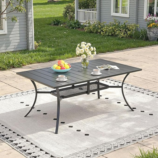 Outdoor Dining Table for 6, 59.2" Rectangle Outdoor Table with Adjustable Umbrella Hole and Storage Shelf, All-Weather Metal Patio Dining Table for Lawn Garden Backyard Deck, Black