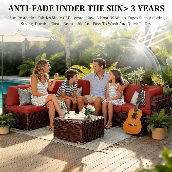 Outdoor Sectional Cushions 14-Piece Replacement Cushions Set for 6-Seat Patio Furniture Waterproof 4'' Thick Outdoor Sofa Cushion Patio Wicker Couch Cushion (Red, 14-Piece Set)