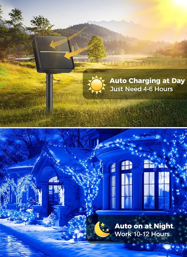 Minetom Solar String Lights Outdoor Waterproof, 40 FT 100 LED Outdoor Light | Solar Powered String Lights with 8 Lighting Modes, Solar Christmas Lights for Outdoor Outside Tree Party Camping Decor, Blue