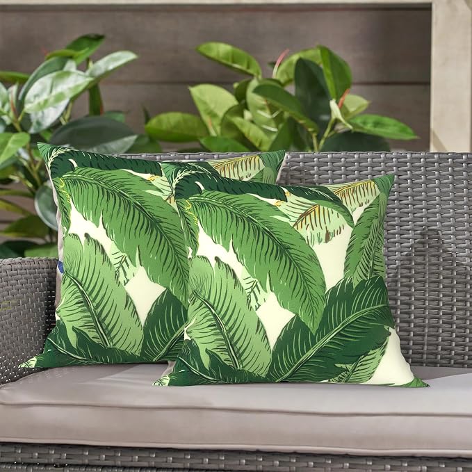LVTXIII Outdoor Throw Pillows, Decorative Throw Pillows with Inserts, 16"x16" Square Pillows for Bed, Couch, Sofa and Patio Furniture, Set of 2, Swaying Palms Green