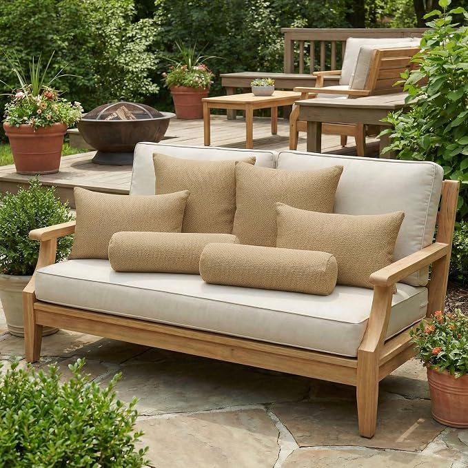 RSH DECOR: 6-Pack Pillow Set | Sunbrella Performance Fabric |Water & Fade-Resistant| 17" Square, 20"x12" Lumbar, 20"x6" Neck Roll | Outdoor Throw Pillows | Made in USA (Sailcloth Sienna Tan)
