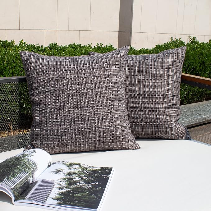 Kevin Textile Outdoor Waterproof 24x24 Inch Pillow Covers 2 Pack, Grey | Water Resistant, Faux Linen Yarn-dyed, Woven Texture Euro Throw Pillow Covers for Tent Patio Garden Couch Sofa