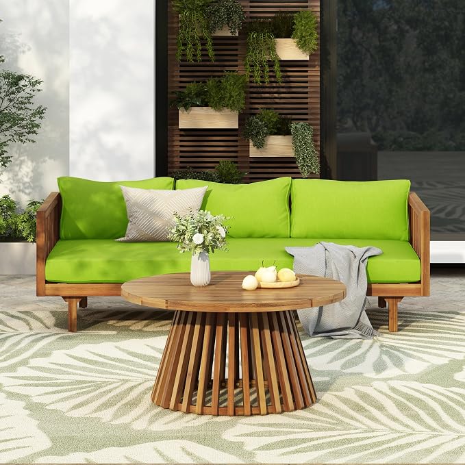 Merax Outdoor Acacia Wood Conversation Set, 3-Seat Loveseat Sofa w/Coushion and Round Coffee Table for Backyard, Patio Furniture,Teak+Green
