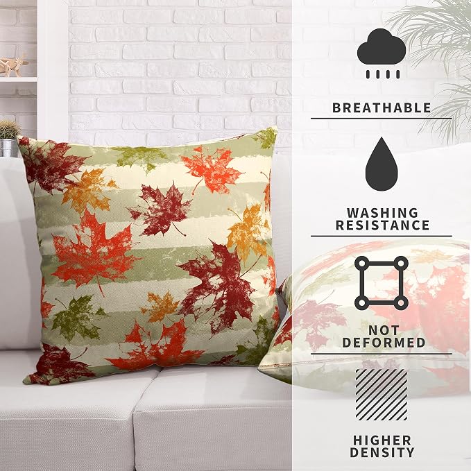 Thanksgiving Colorful Maple Leaves Throw Pillow Covers 16x16 Set of 2 Fall Decorative Pillow Covers Green Grey White Striped Pillow Covers Autumn Outdoor Pillow Case for Living Room Patio Sofa