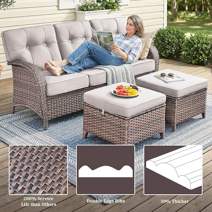 7 PCS Patio Furniture Set with Fire Pit Table, Outdoor Sectional Sofa Couch with Rocking Swivel Chairs 5" Deep Seat Chairs, Modern Wicker Rattan Conversation Set, Beige/Brown Wicker