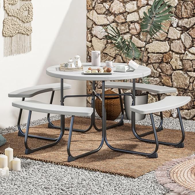 Round Picnic Table for 8 Person, Outside Table Bench Set w/ 4 Built-in Benches, Umbrella Hole, HDPE Top & Metal Frame, 2000LBS Capacity Outdoor Picnic Table for Garden, Porch, Patio (Grey)